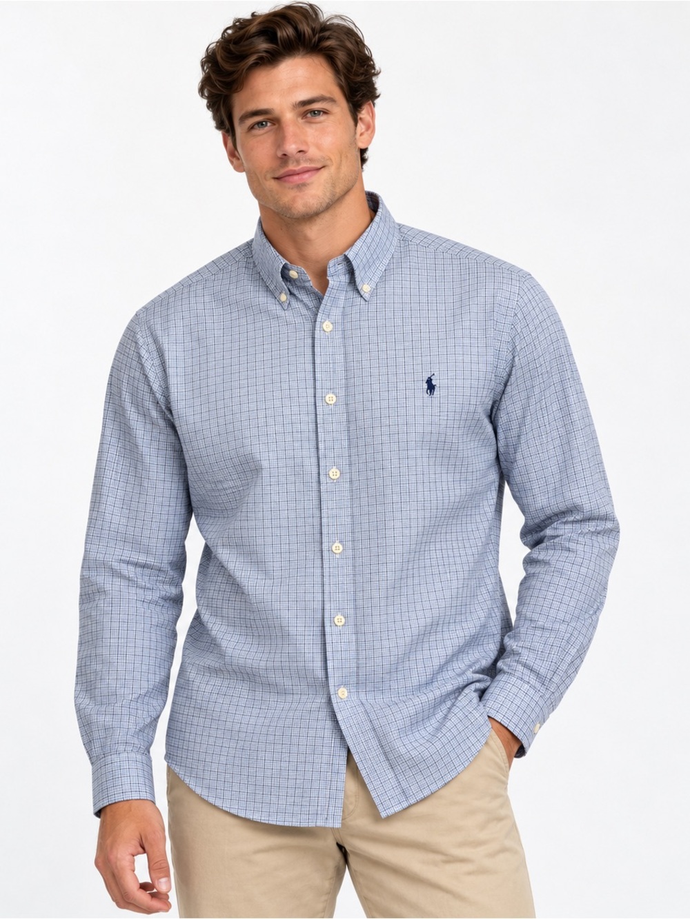 Ralph Lauren Button Down Shirt Mens L Blue Check Long Sleeve Pony Classic